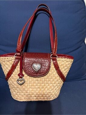 Brighton Straw Tote with Red Leather Trim and Heart Accent. Summer purse